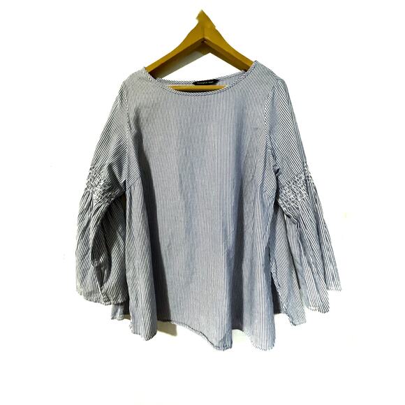 Zac & Rachel Tops - Zac & Rachel blue white striped long sleeve ruffled blouse smocked. Size 1X.